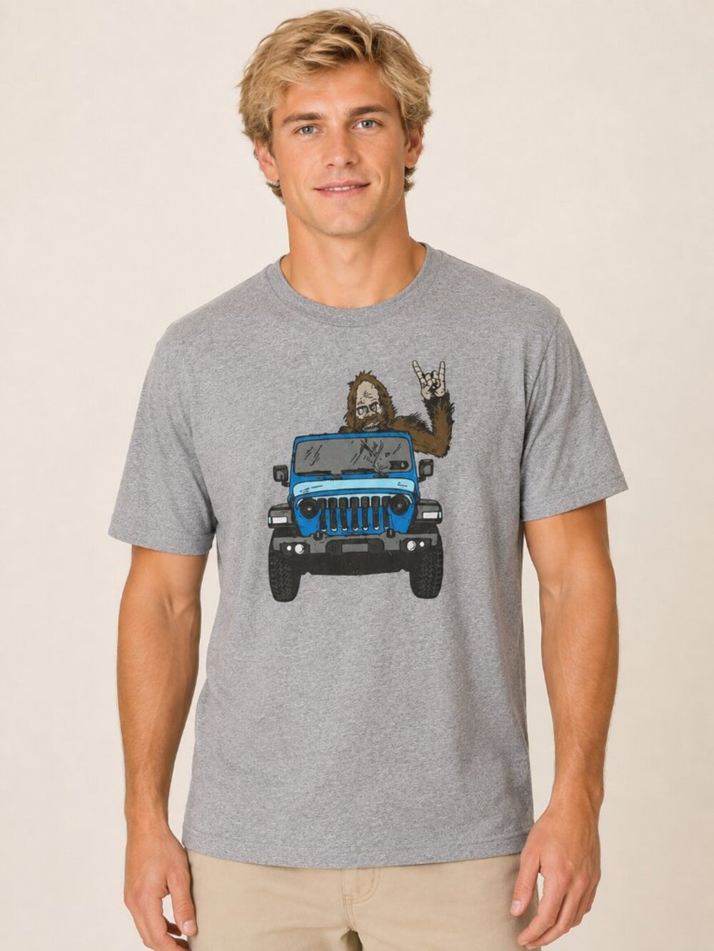 Hammer Down Big Foot & Jeep Funny Graphics Men's T-Shirt Gray Size Large Cotton